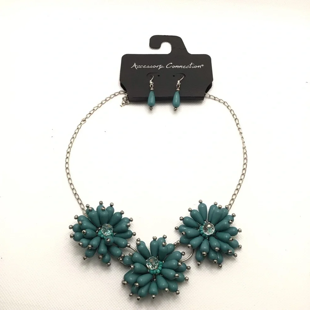 Accessory Connection Teal Floral Beaded Statement Matinee Necklace & Earring Set
